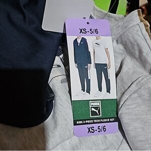Puma Boys 3-Piece Tech Fleece Hoodie, Tee & Jogger Set, Navy/Gray XS 5/6